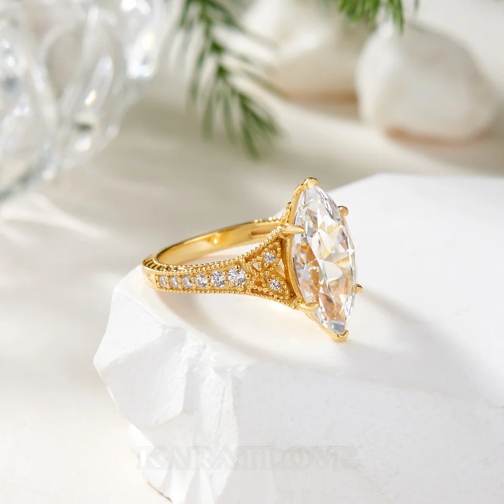 Marquise Cut Diamond White Sterling Silver Yellow Gold Engagement Ring