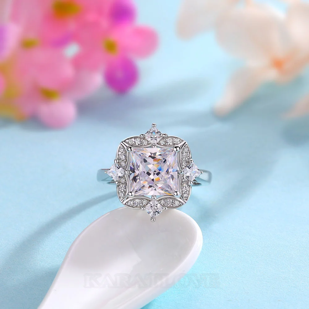 Princess Cut Diamond White Sterling Silver Halo Engagement Ring