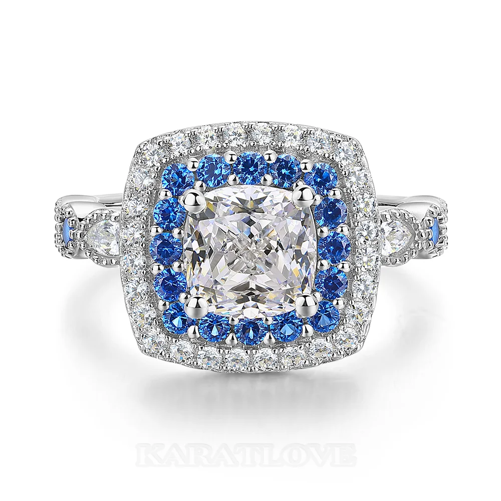 Cushion Cut Diamond White Sterling Silver Halo Engagement Ring