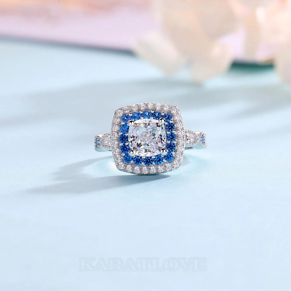 Cushion Cut Diamond White Sterling Silver Halo Engagement Ring