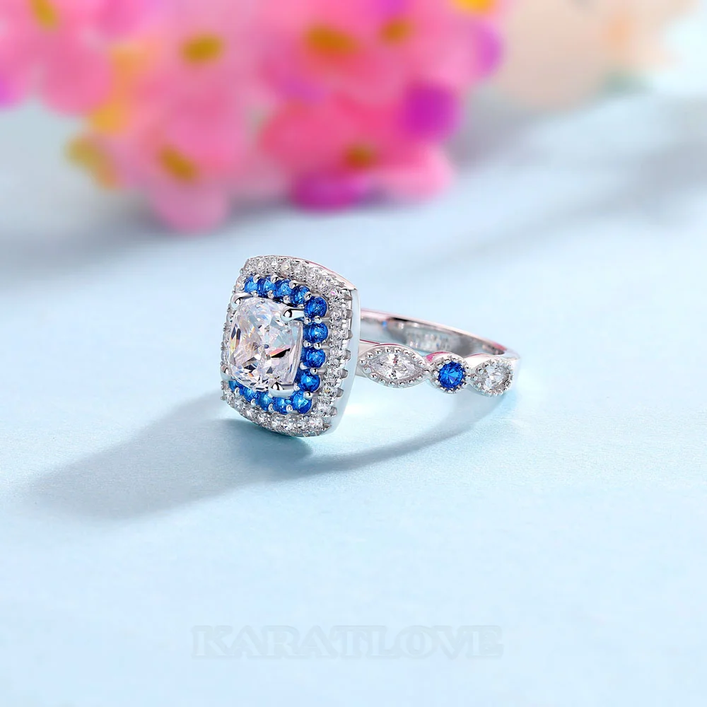 Cushion Cut Diamond White Sterling Silver Halo Engagement Ring