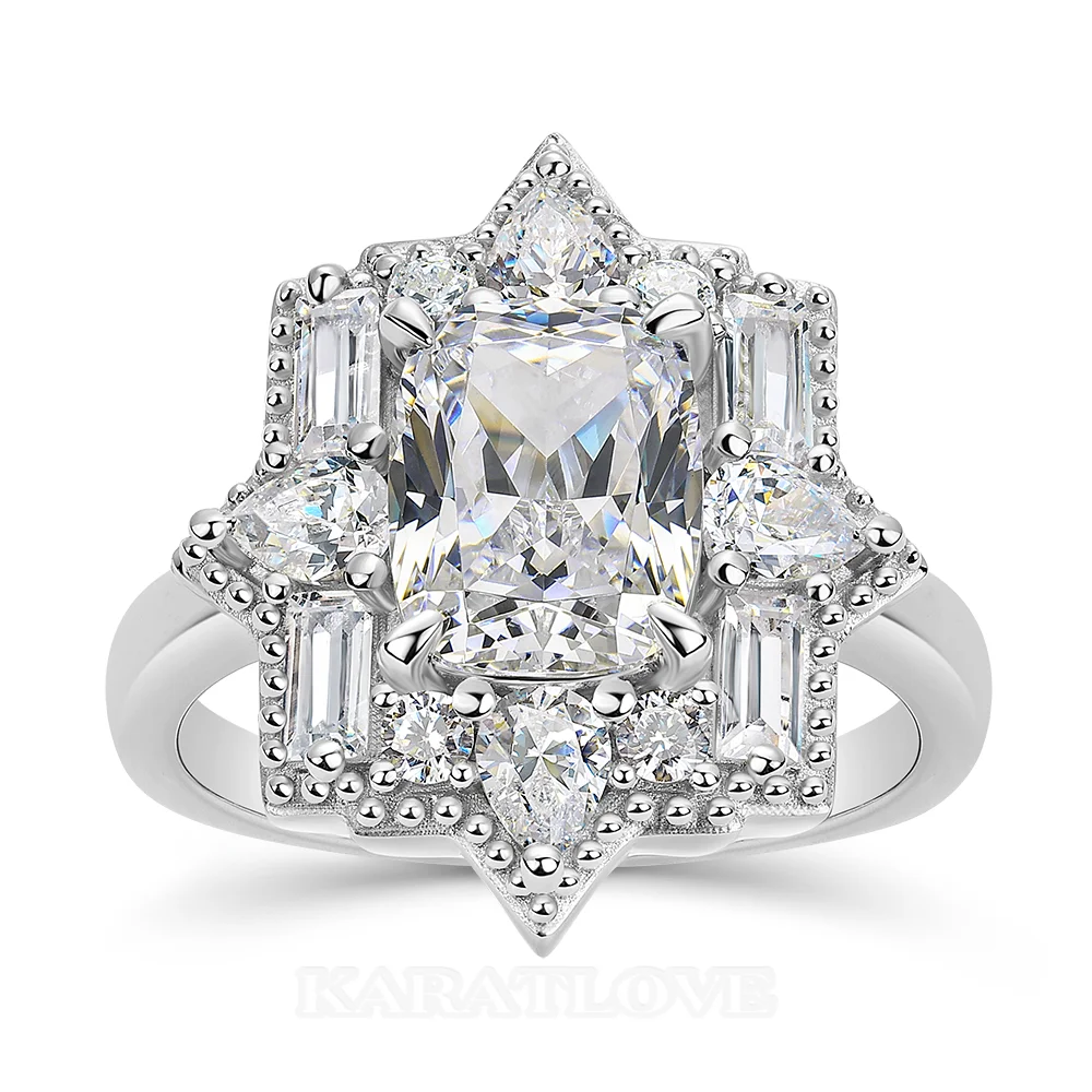 Cushion Cut Diamond White Sterling Silver Halo Engagement Ring