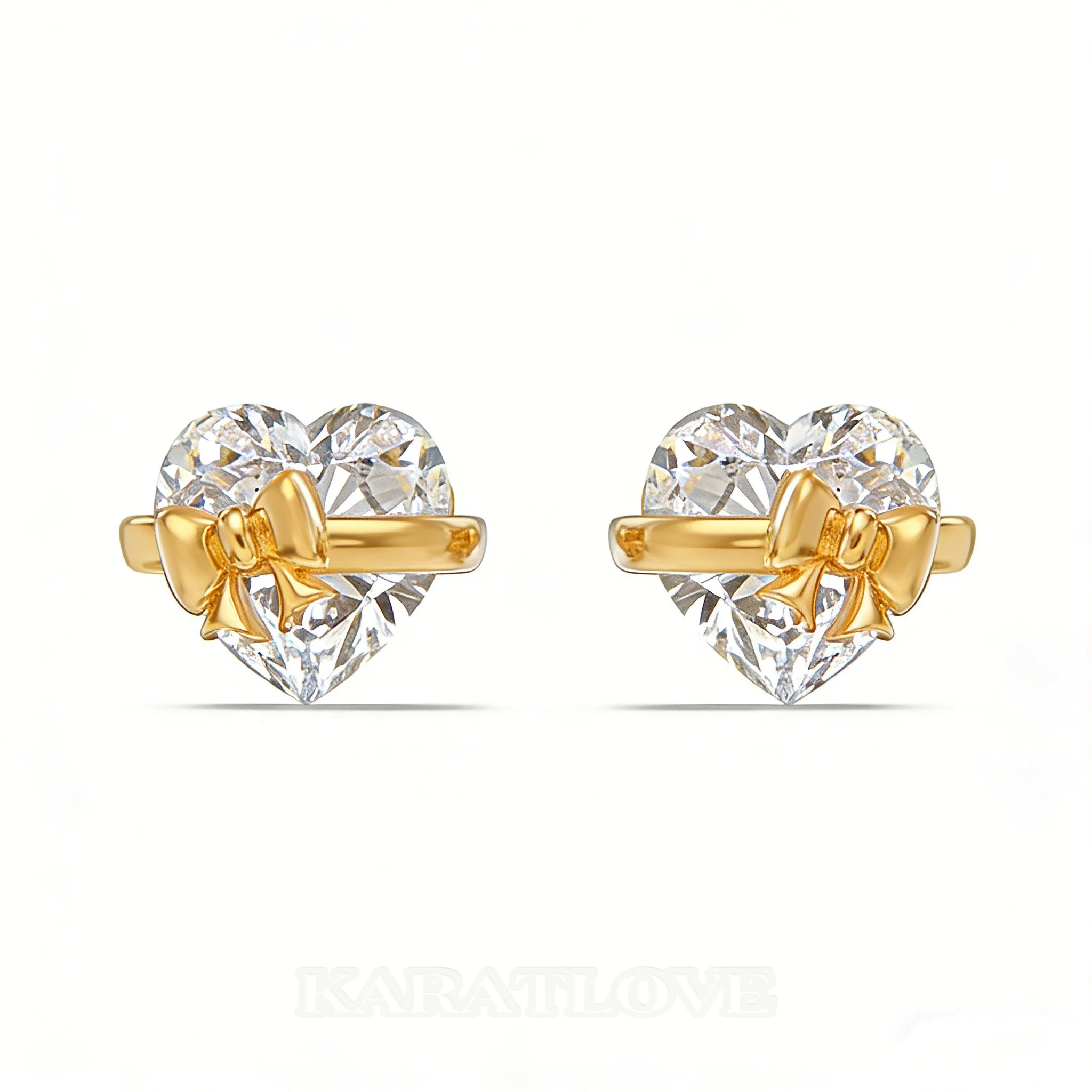 Heart Cut Diamond White Heart Bow Yellow Gold Sterling Silver Earrings