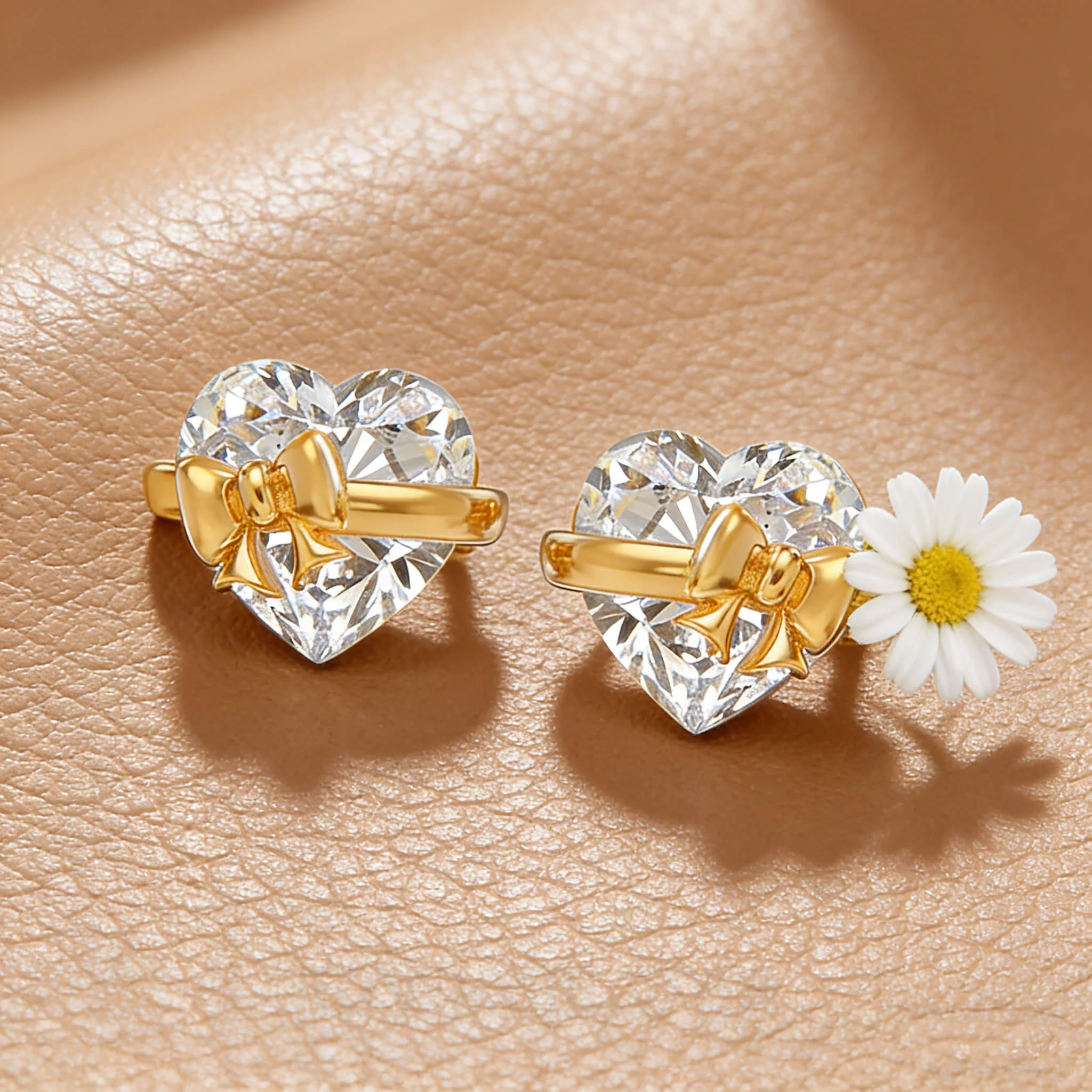 Heart Cut Diamond White Heart Bow Yellow Gold Sterling Silver Earrings