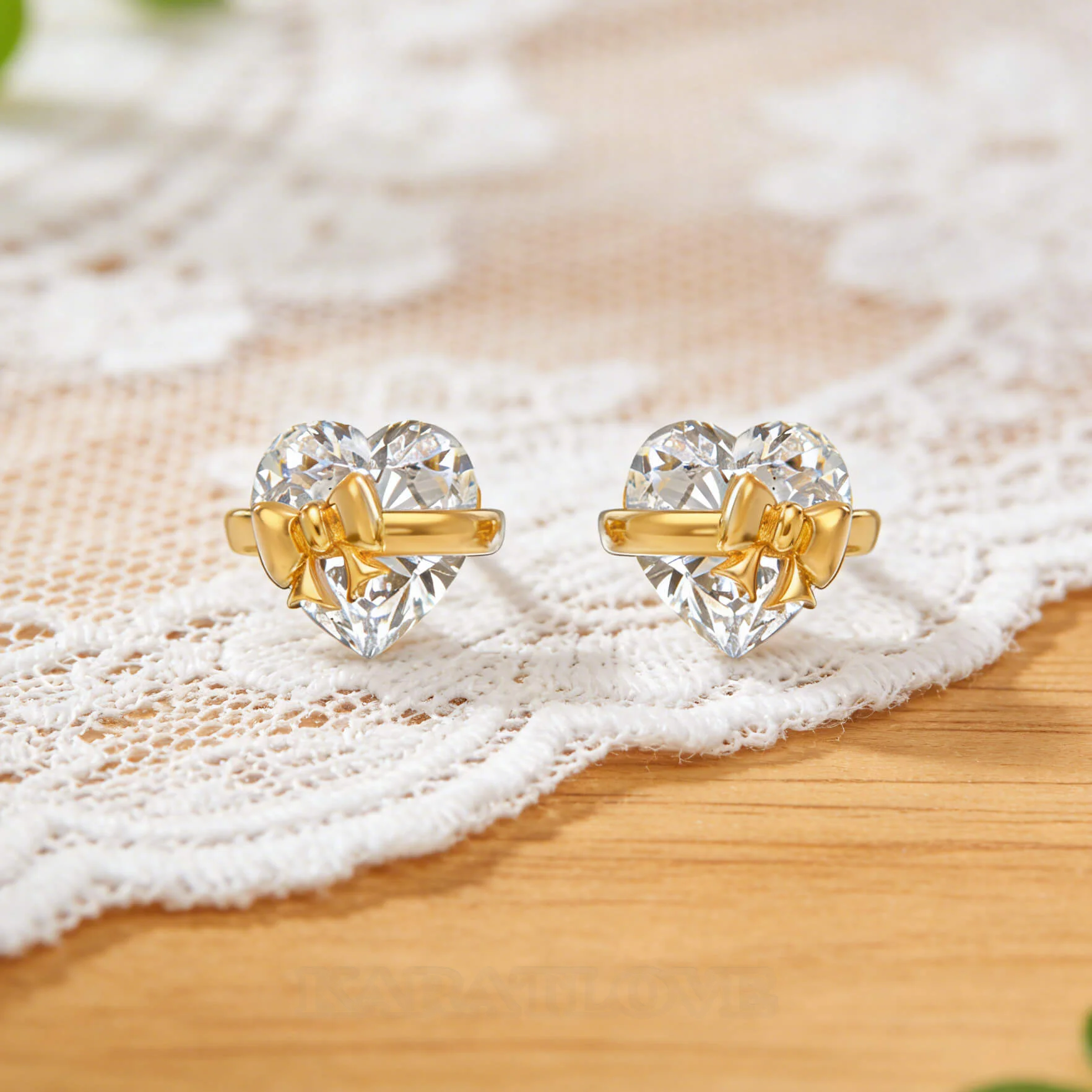 Heart Cut Diamond White Heart Bow Yellow Gold Sterling Silver Earrings