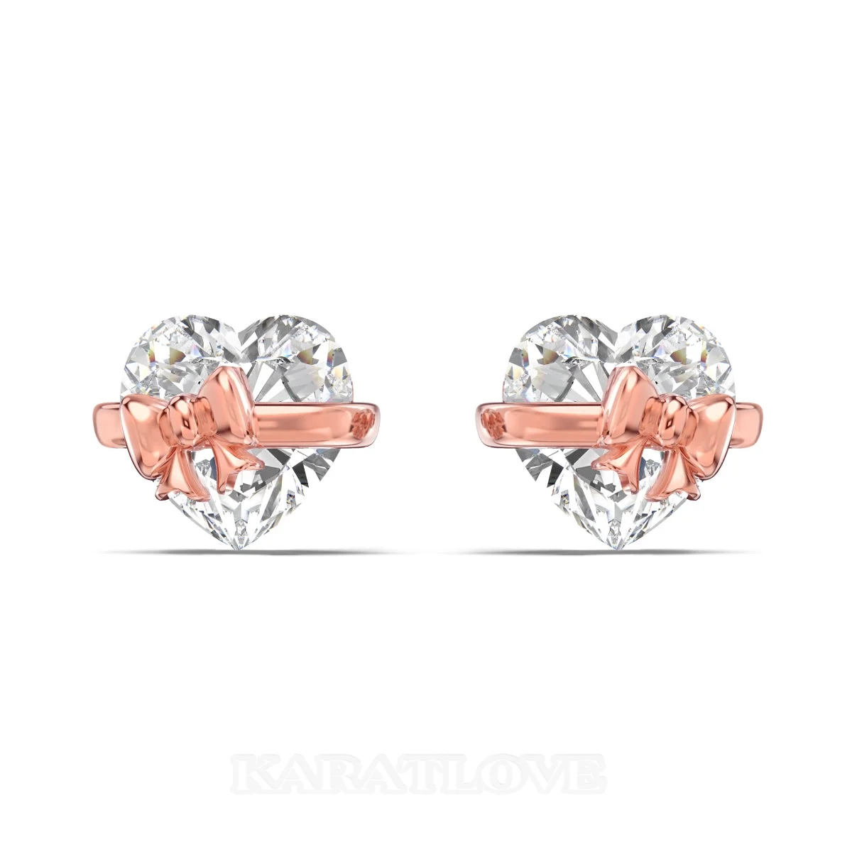 Heart Cut Diamond White Pink Rose Heart Bow Rose Gold Sterling Silver Earrings