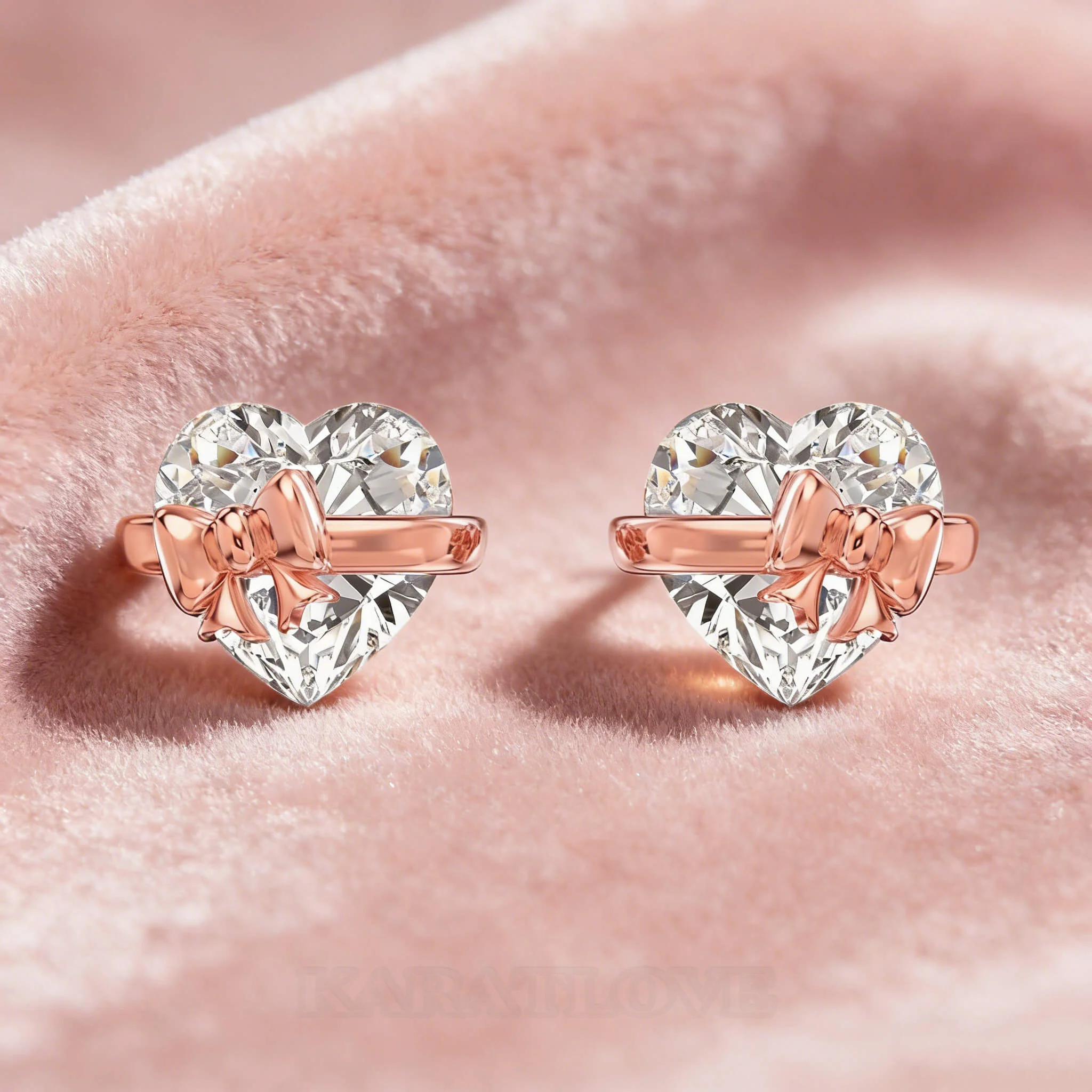 Heart Cut Diamond White Pink Rose Heart Bow Rose Gold Sterling Silver Earrings