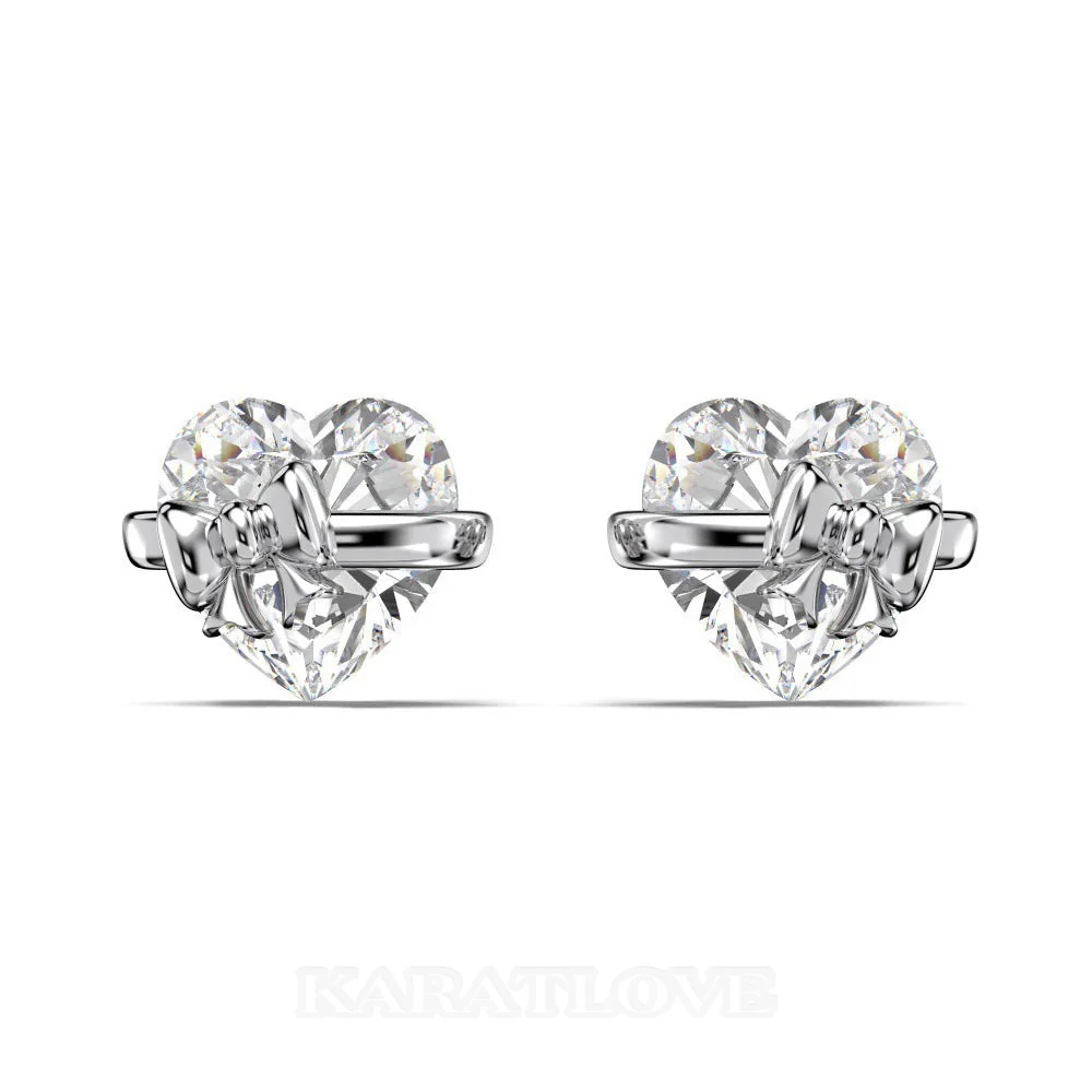 Heart Cut Diamond White Silver Heart Bow Sterling Silver Earrings