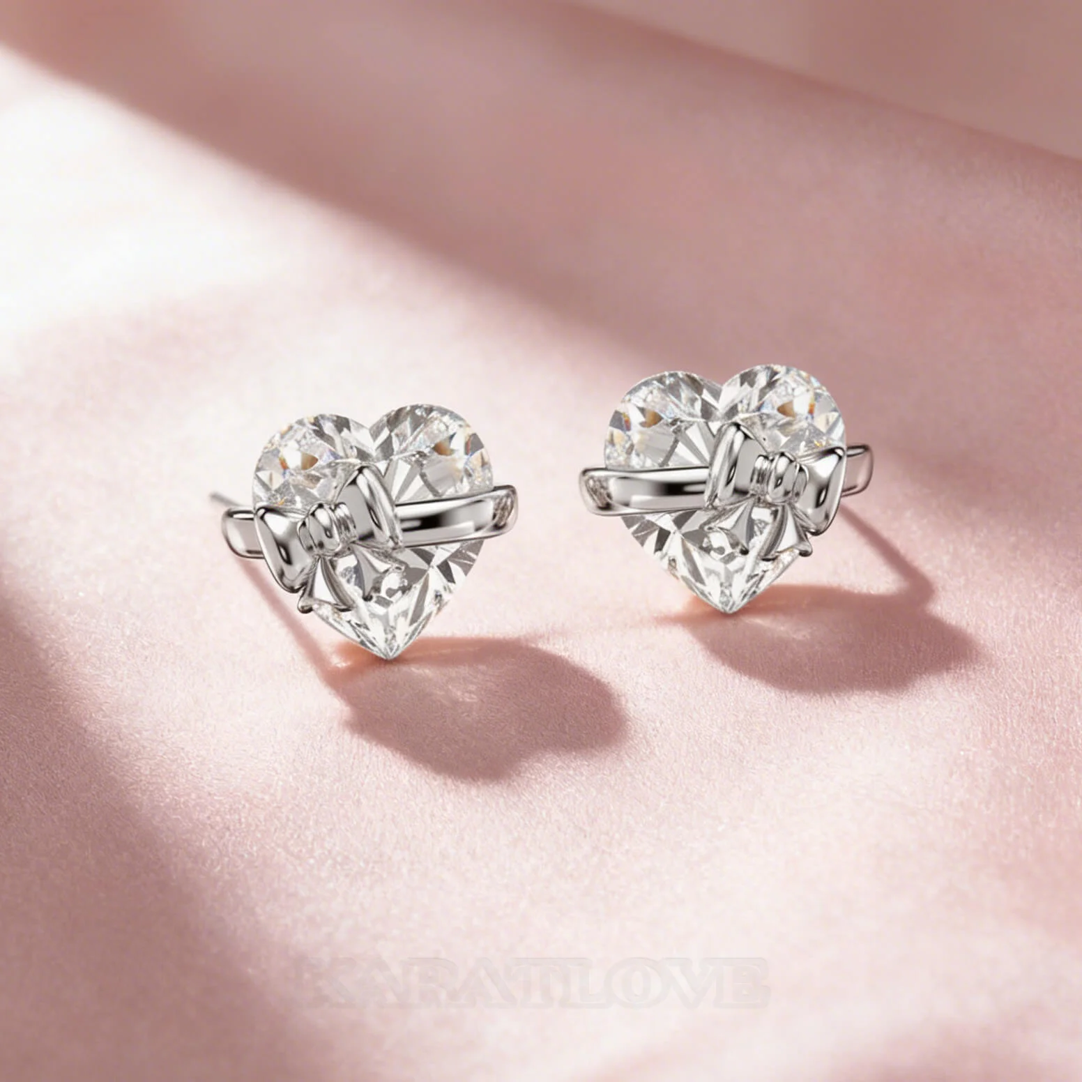 Heart Cut Diamond White Silver Heart Bow Sterling Silver Earrings