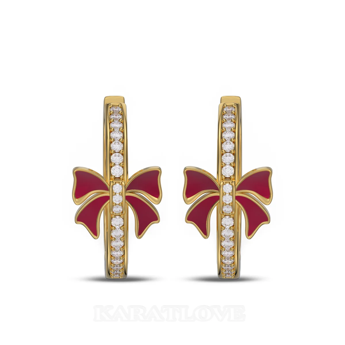 Round Cut Diamond White Sterling Silver Yellow Gold Hoop Earrings with Red Bow