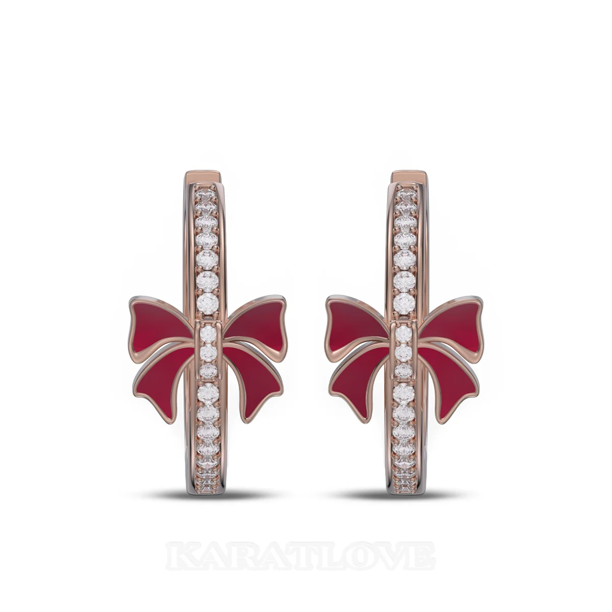 Round Cut Diamond White Sterling Silver Rose Gold Hoop Earrings with Red Bow