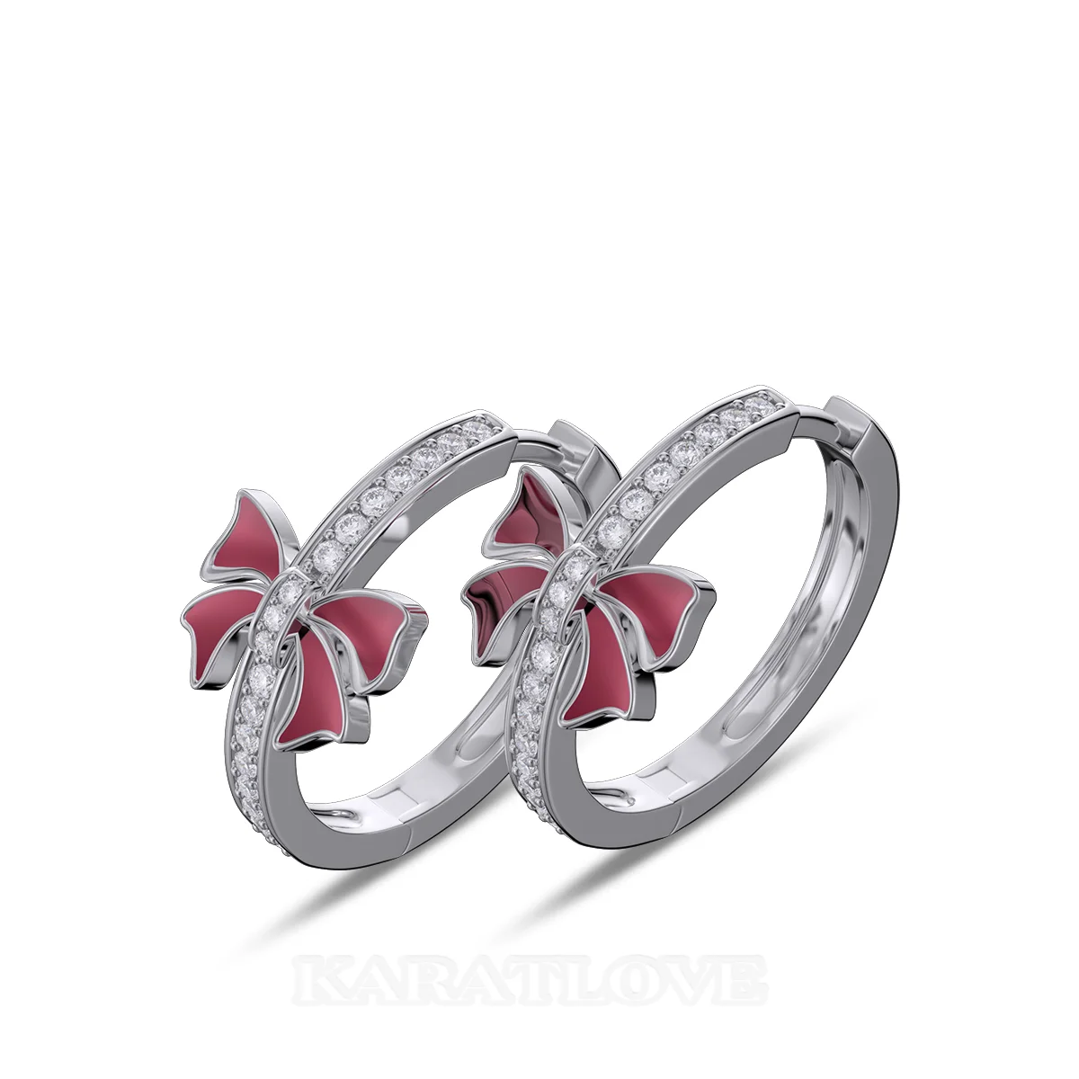 Round Cut Diamond White Sterling Silver Hoop Earrings with Red Bow