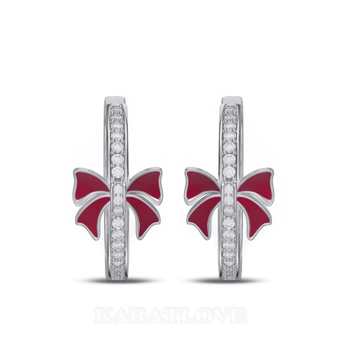 Round Cut Diamond White Sterling Silver Hoop Earrings with Red Bow