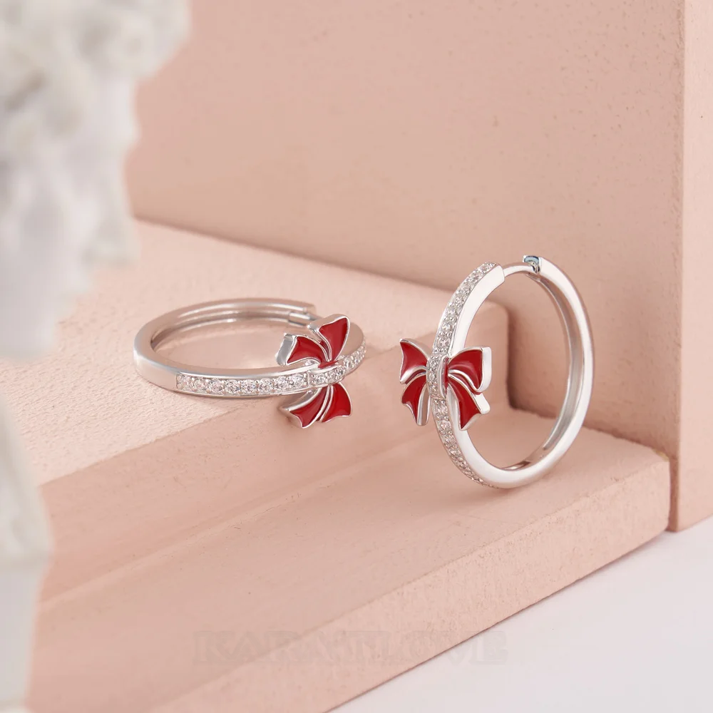 Round Cut Diamond White Sterling Silver Hoop Earrings with Red Bow