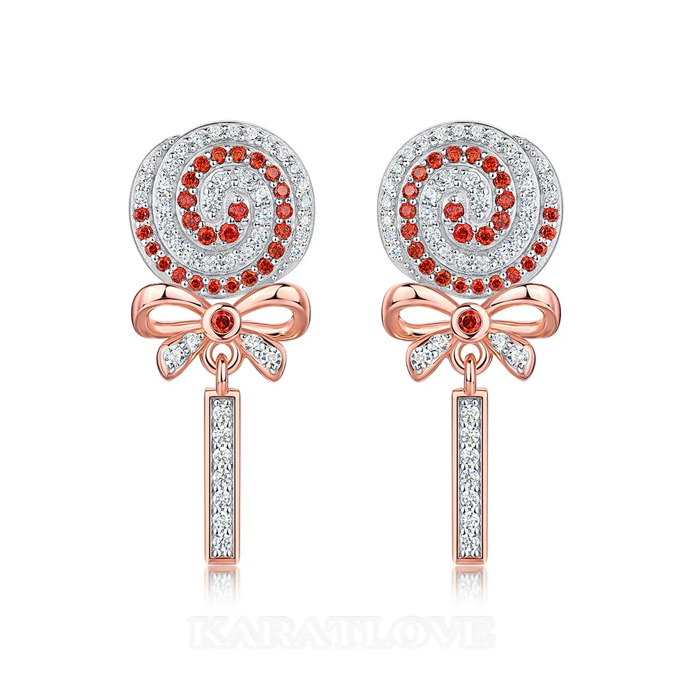 Round Cut Diamond White and Ruby Sterling Silver Drop Earrings with Lollipop and Bow Design