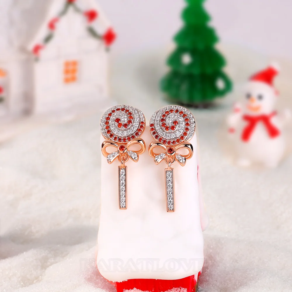 Round Cut Diamond White and Ruby Sterling Silver Drop Earrings with Lollipop and Bow Design