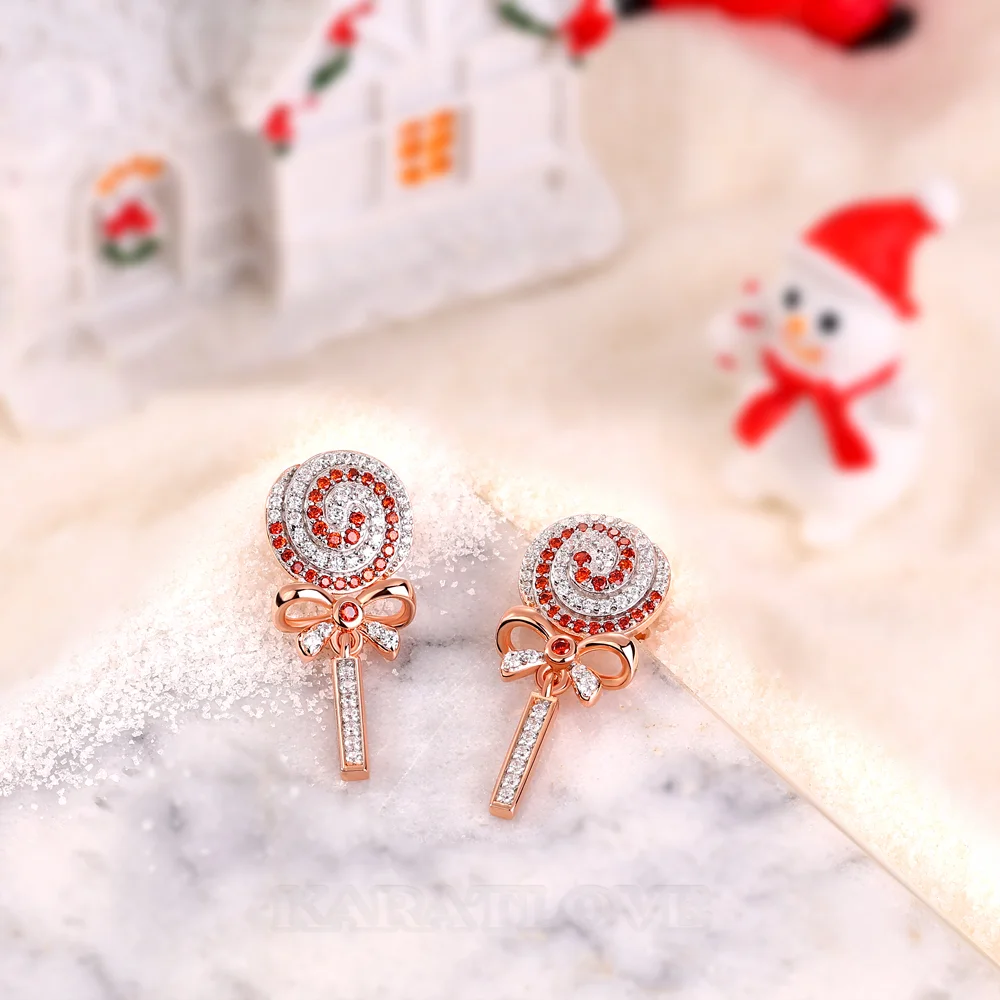 Round Cut Diamond White and Ruby Sterling Silver Drop Earrings with Lollipop and Bow Design