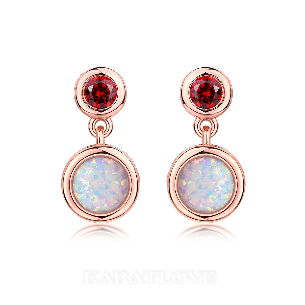 Round Cut Opal and Ruby Sterling Silver Rose Gold Drop Earrings
