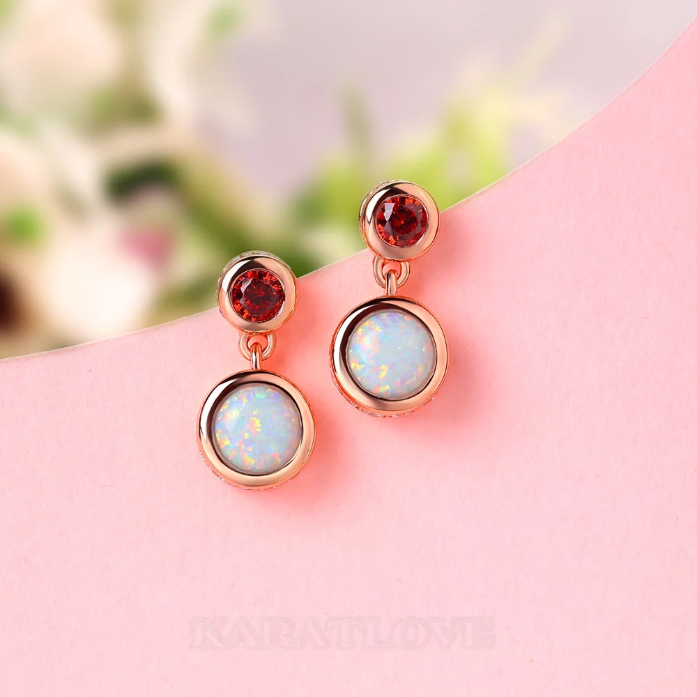 Round Cut Opal and Ruby Sterling Silver Rose Gold Drop Earrings