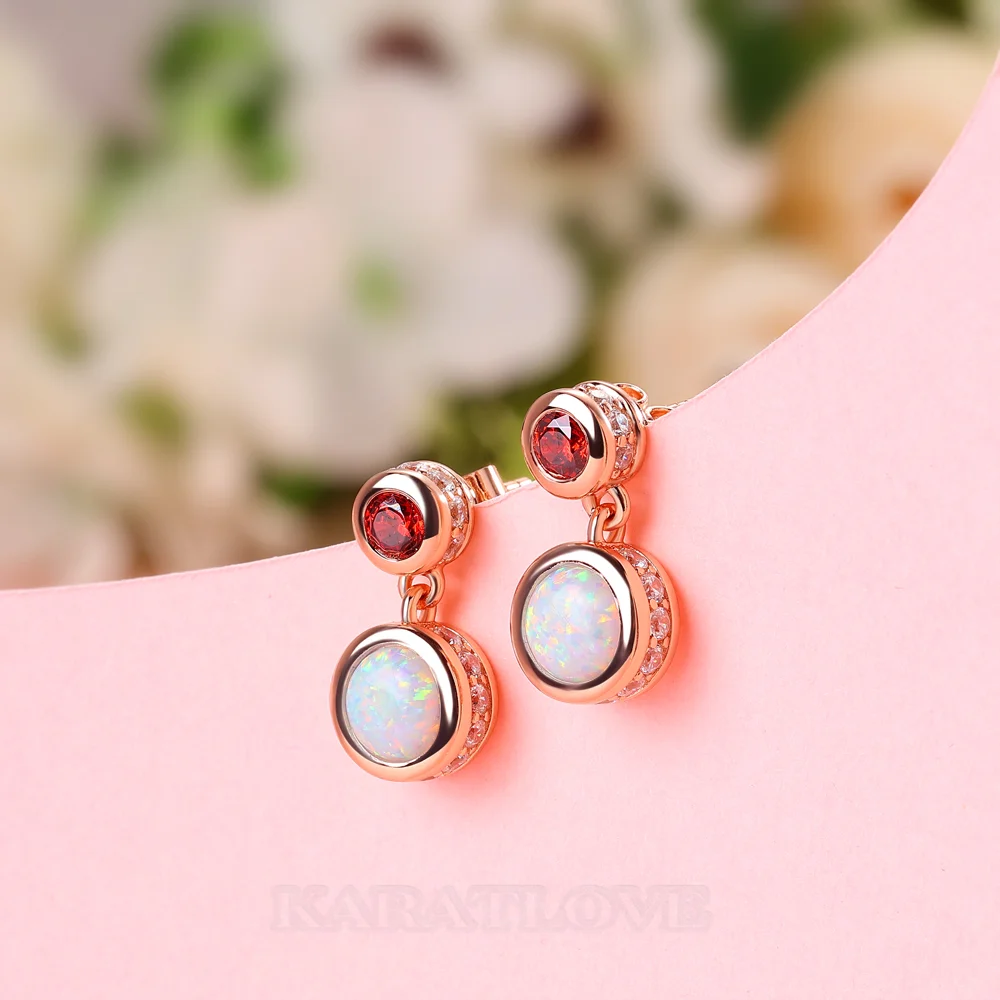 Round Cut Opal and Ruby Sterling Silver Rose Gold Drop Earrings
