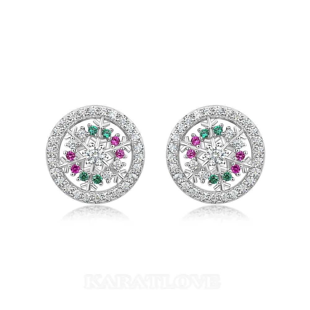Round Cut Diamond White Sterling Silver Snowflake Stud Earrings