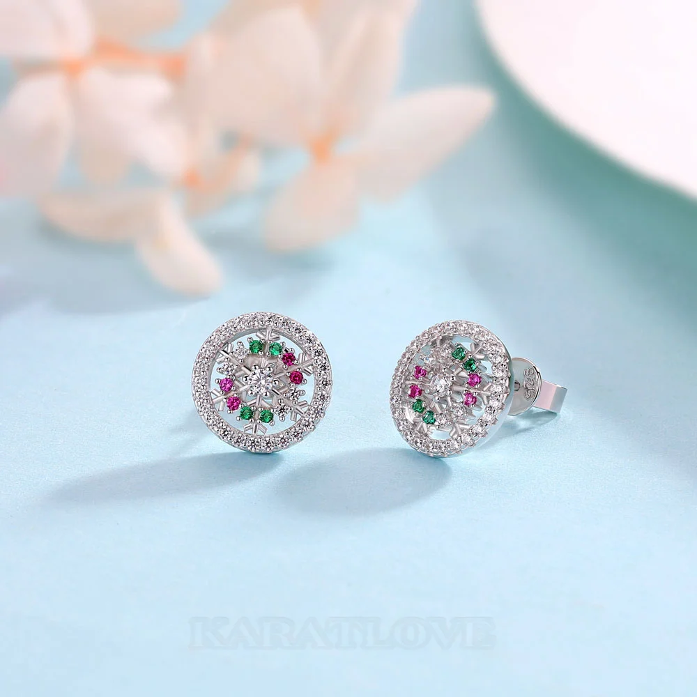 Round Cut Diamond White Sterling Silver Snowflake Stud Earrings