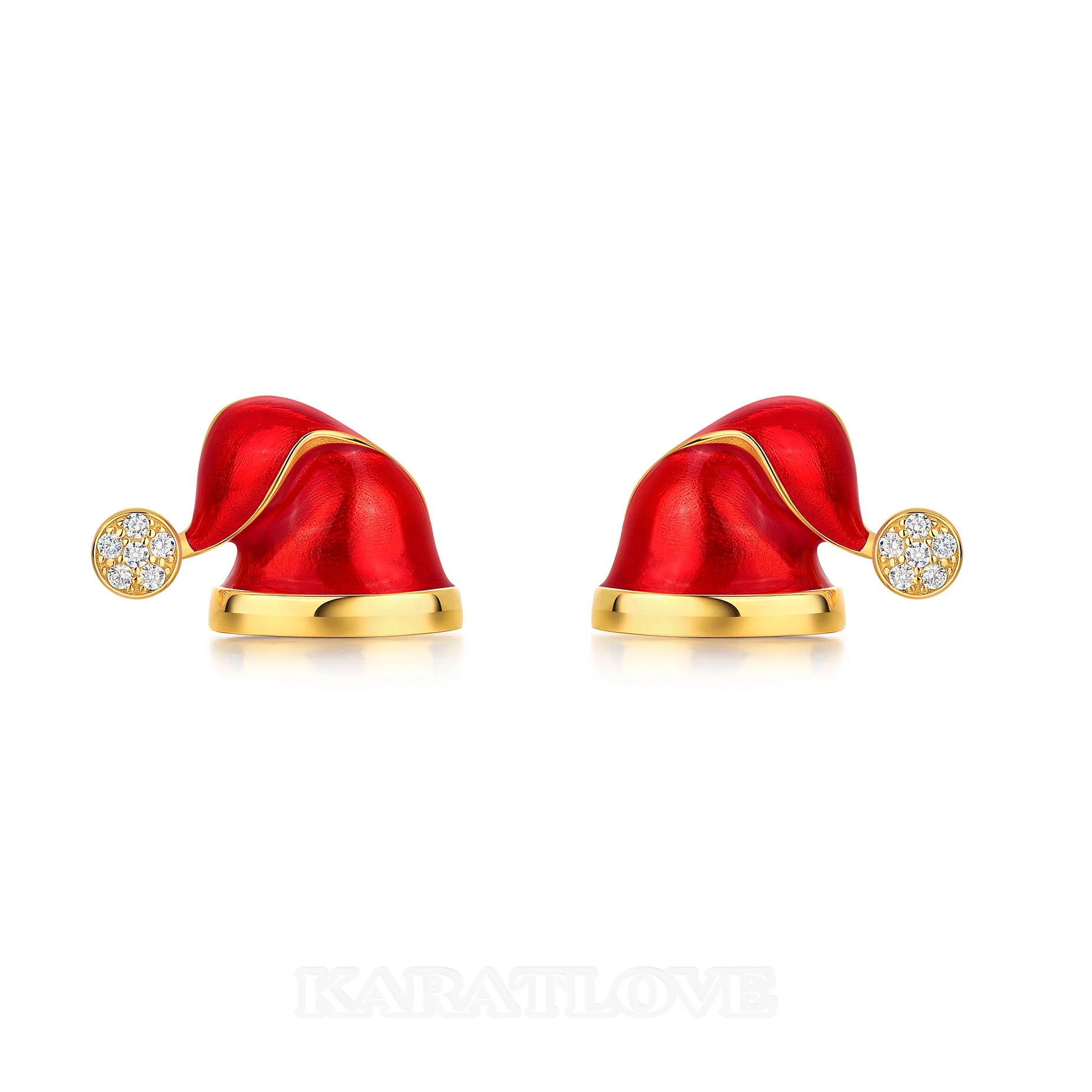 Round Cut Diamond White Yellow Gold Sterling Silver Santa Hat Stud Earrings