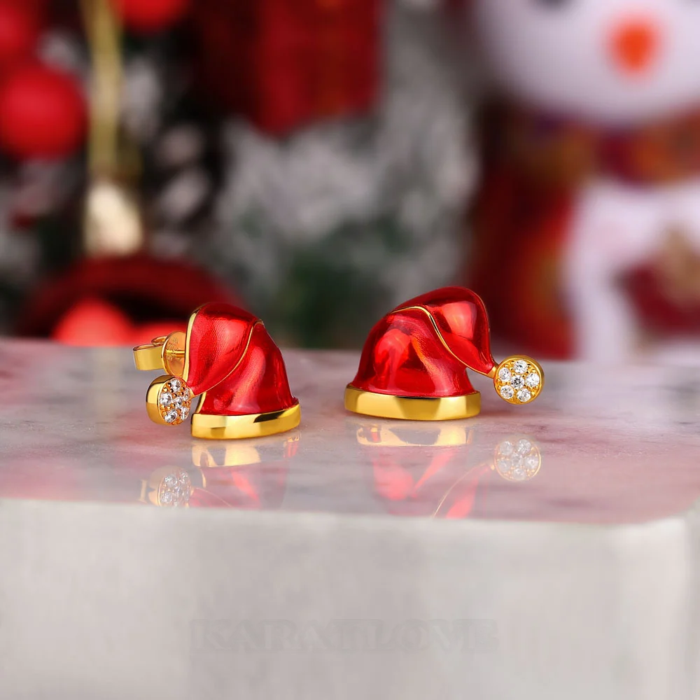 Round Cut Diamond White Yellow Gold Sterling Silver Santa Hat Stud Earrings