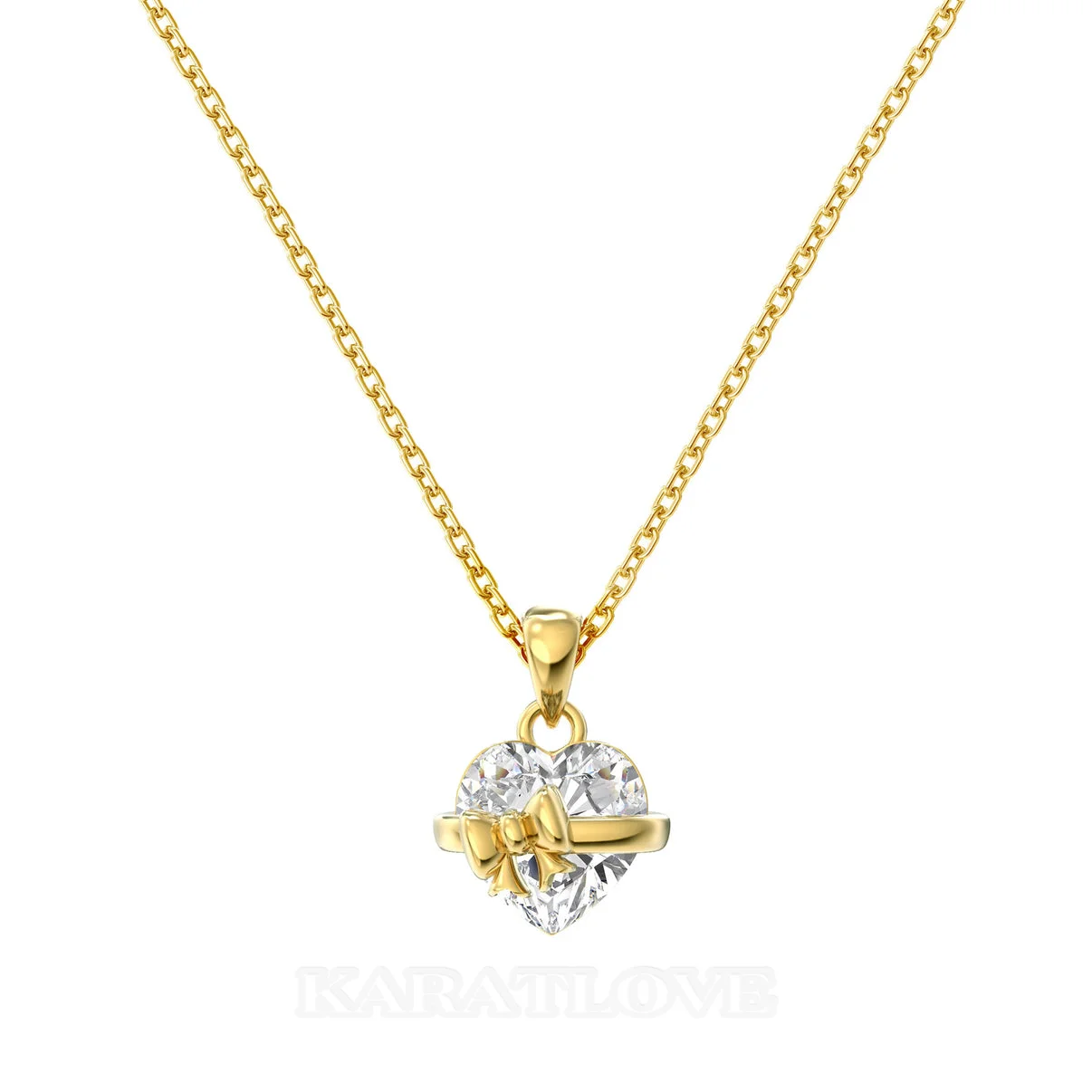 Heart Cut Diamond White Heart Bow Yellow Gold Sterling Silver Pendant Necklace