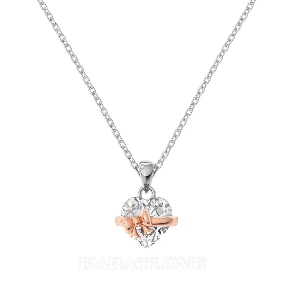 Heart Cut Diamond White Pink Rose Heart Bow Rose Gold Sterling Silver Pendant Necklace