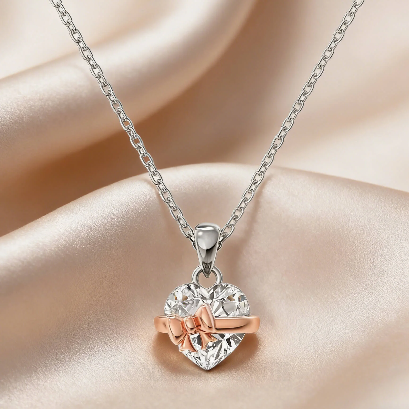 Heart Cut Diamond White Pink Rose Heart Bow Rose Gold Sterling Silver Pendant Necklace