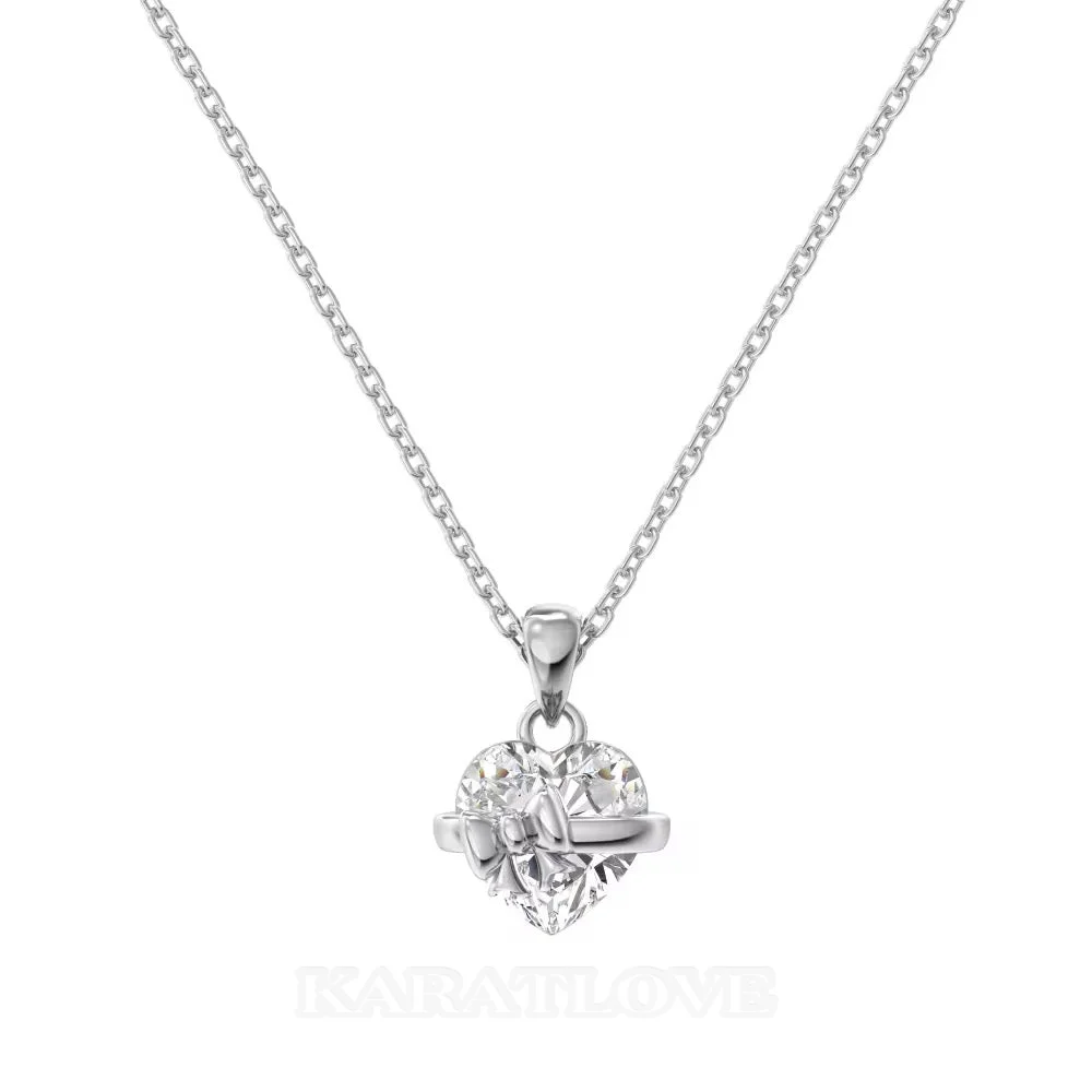 Heart Cut Diamond White Silver Heart Bow Sterling Silver Pendant Necklace 18” (45cm) 