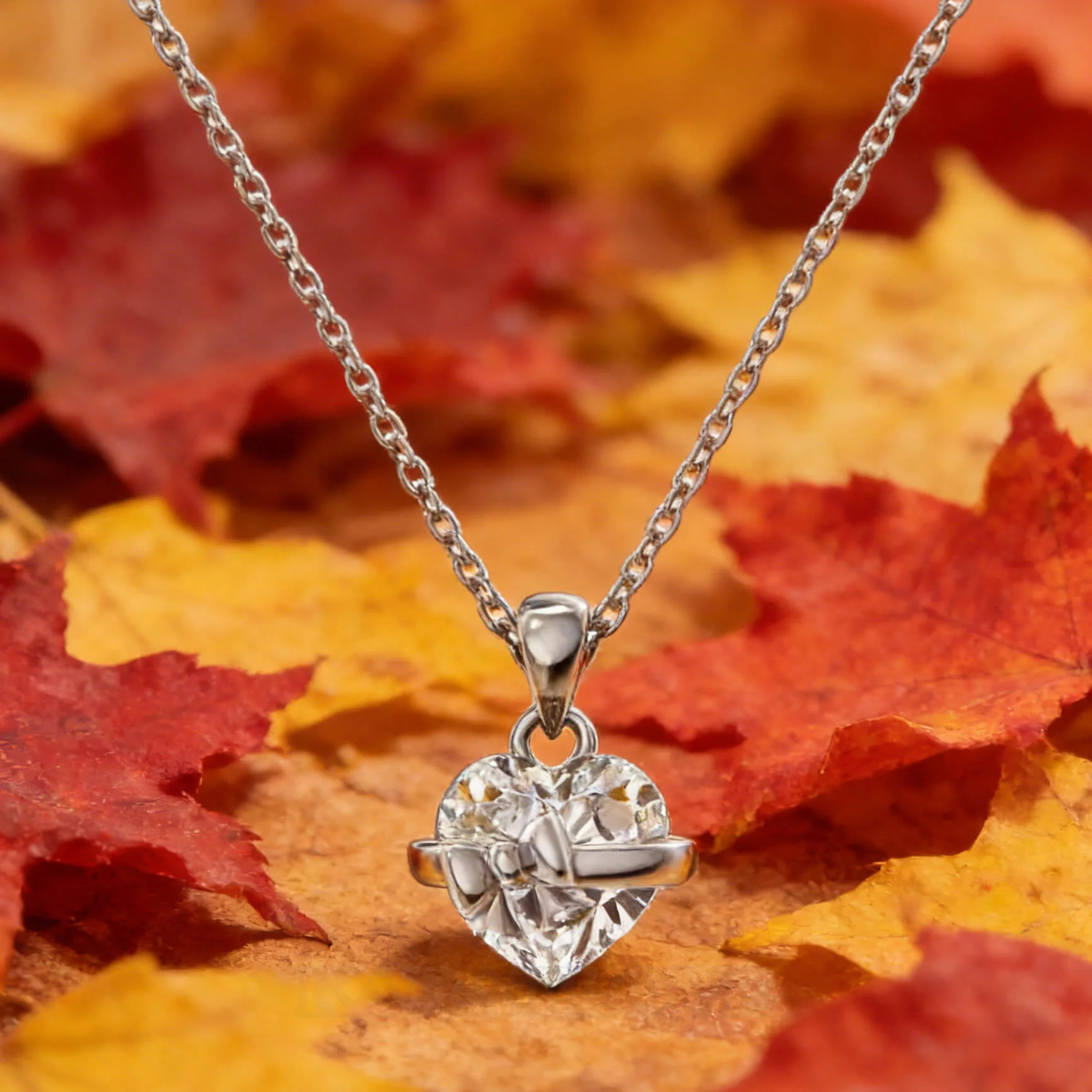 Heart Cut Diamond White Silver Heart Bow Sterling Silver Pendant Necklace 18” (45cm) 