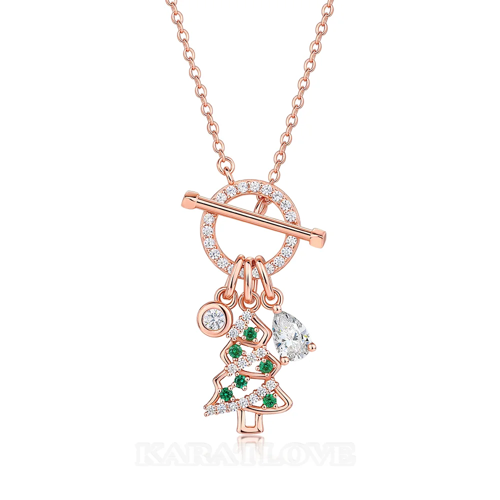 Pear Cut Diamond White Rose Gold Sterling Silver Christmas Tree Toggle Necklace