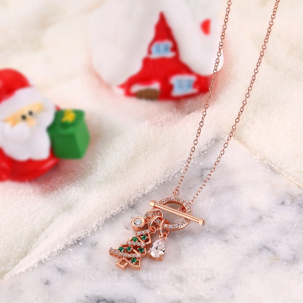 Pear Cut Diamond White Rose Gold Sterling Silver Christmas Tree Toggle Necklace