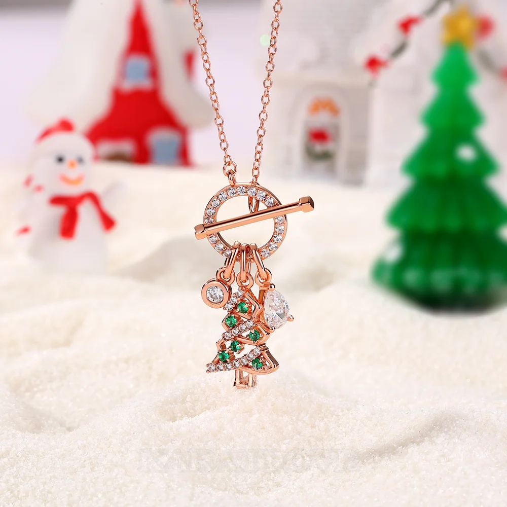 Pear Cut Diamond White Rose Gold Sterling Silver Christmas Tree Toggle Necklace