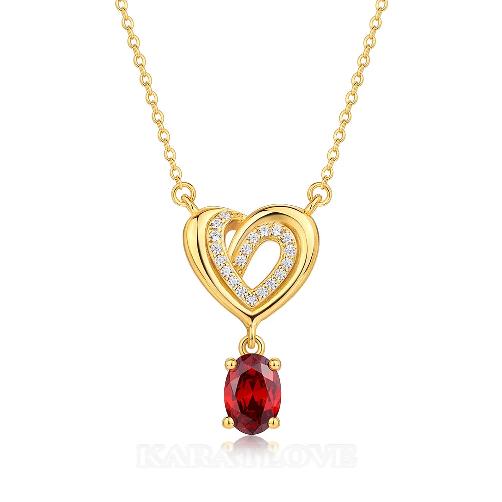 Oval Cut Ruby Yellow Gold Sterling Silver Heart Pendant Necklace