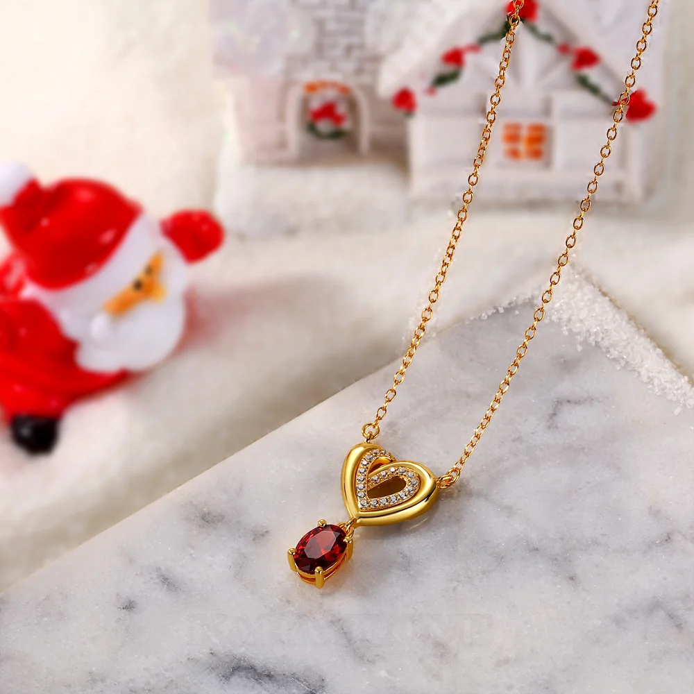 Oval Cut Ruby Yellow Gold Sterling Silver Heart Pendant Necklace