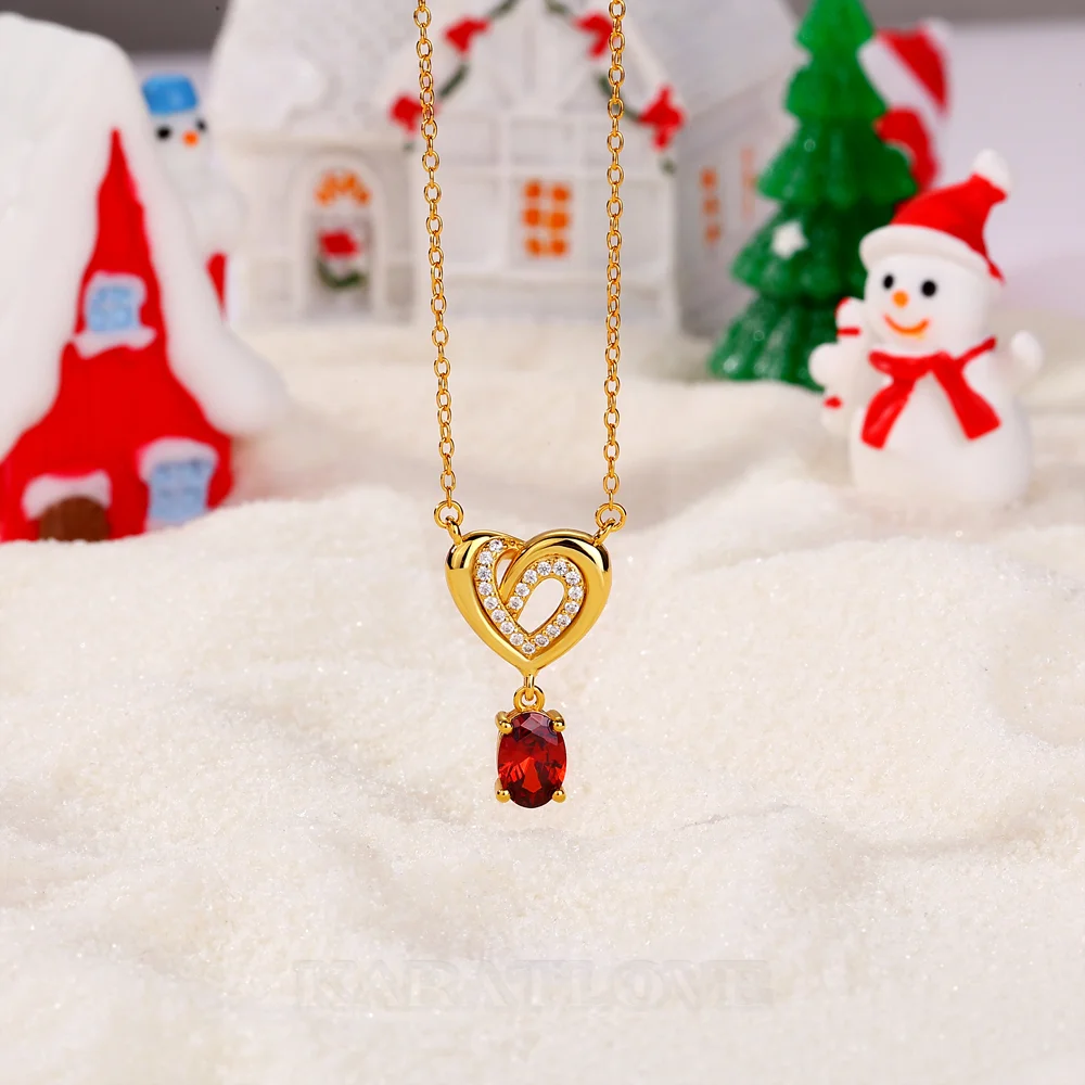Oval Cut Ruby Yellow Gold Sterling Silver Heart Pendant Necklace