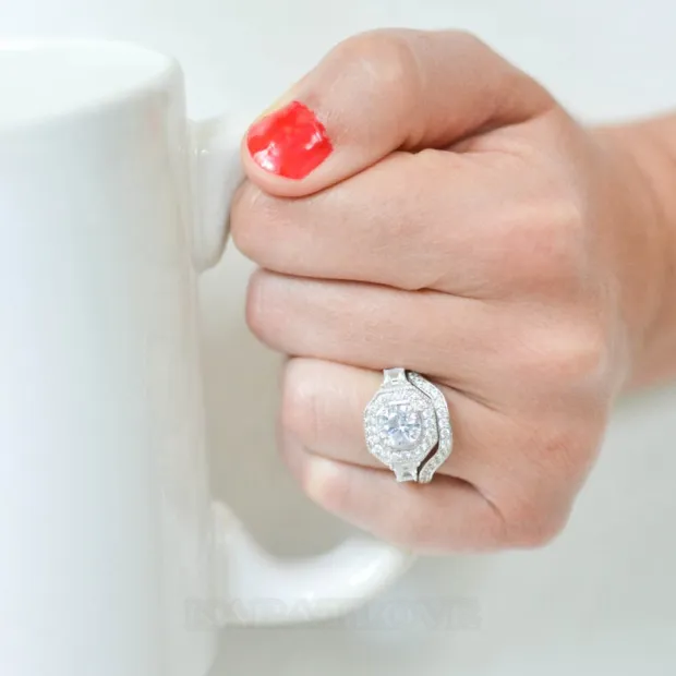 Round Cut Diamond White Halo 3-Stone 925 Sterling Silver Ring Set Round Cut Diamond White Halo 3-Stone 925 Sterling Silver Ring Set