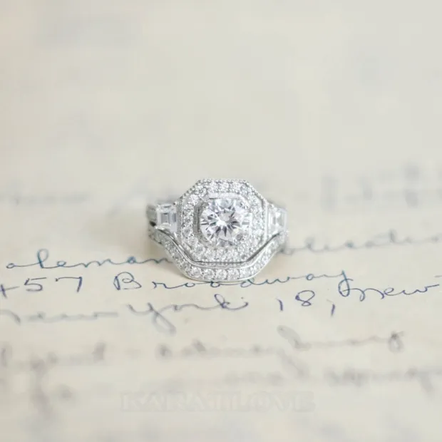 Round Cut Diamond White Halo 3-Stone 925 Sterling Silver Ring Set