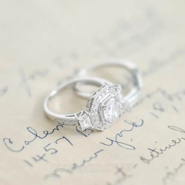 Round Cut Diamond White Halo 3-Stone 925 Sterling Silver Ring Set