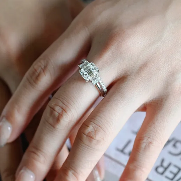 Emerald Cut Diamond White Classic 3-Stone 925 Sterling Silver Ring Set Emerald Cut Diamond White Classic 3-Stone 925 Sterling Silver Ring Set