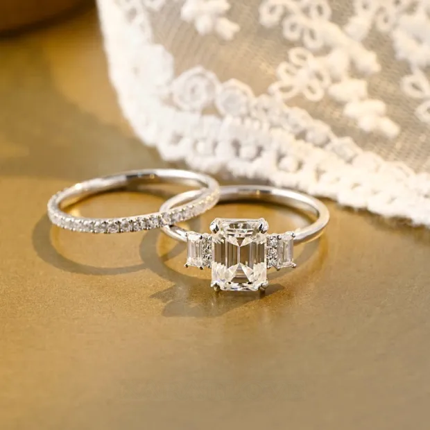 Emerald Cut Diamond White Classic 3-Stone 925 Sterling Silver Ring Set