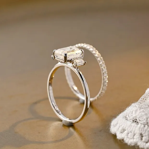 Emerald Cut Diamond White Classic 3-Stone 925 Sterling Silver Ring Set