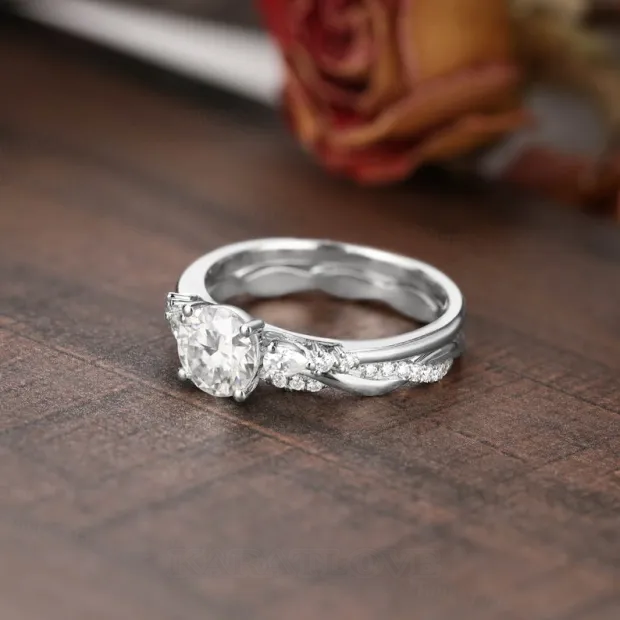 Round Cut Diamond White Classic 3-Stone 925 Sterling Silver Ring Set