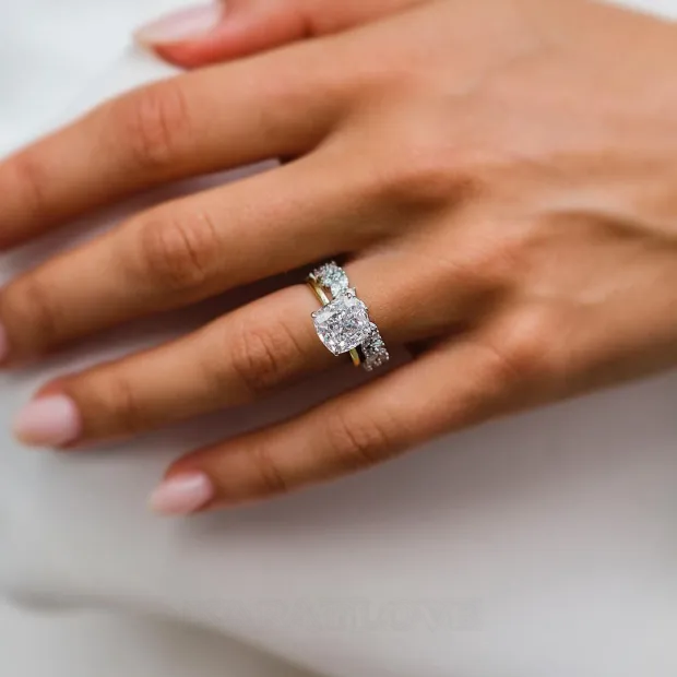 Cushion Cut Diamond White Solitaire Yellow Gold 925 Sterling Silver Ring Set Cushion Cut Diamond White Solitaire Yellow Gold 925 Sterling Silver Ring Set