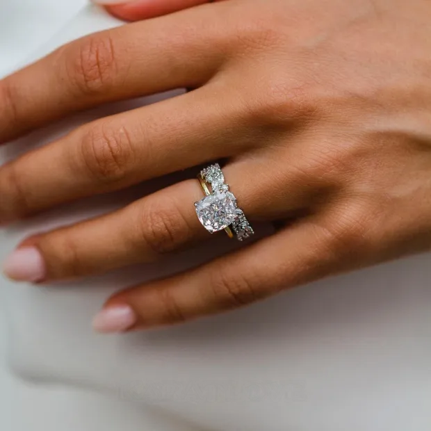 Cushion Cut Diamond White Solitaire Yellow Gold 925 Sterling Silver Ring Set