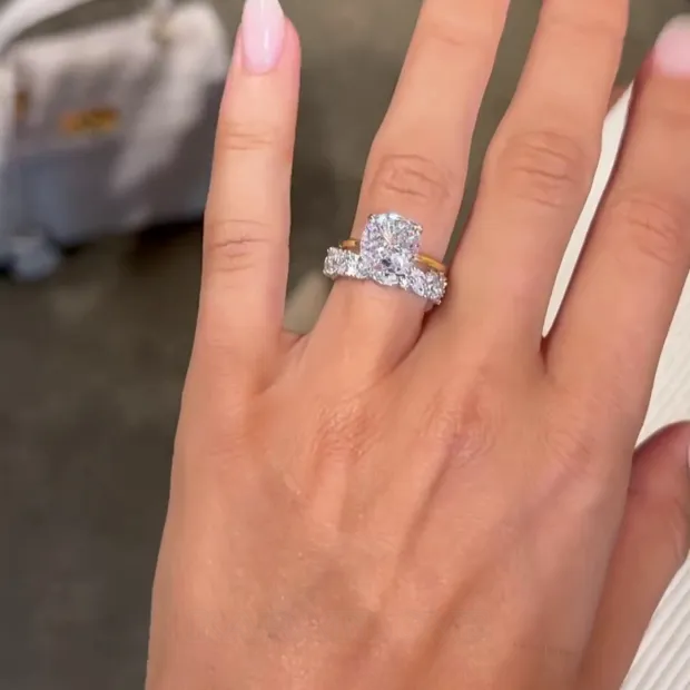 Cushion Cut Diamond White Solitaire Yellow Gold 925 Sterling Silver Ring Set