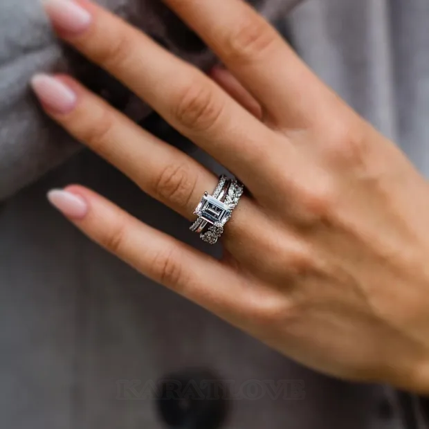 Emerald Cut Diamond White Solitaire 3-Piece 925 Sterling Silver Ring Set Emerald Cut Diamond White Solitaire 3-Piece 925 Sterling Silver Ring Set